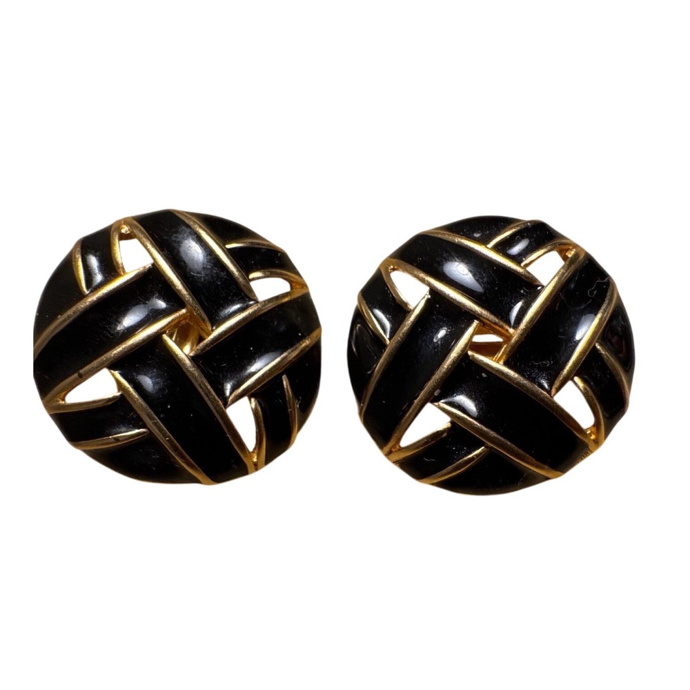 AFJ Vintage Gold Black Enamel Lattice Domed Clip On Earrings Round Basketweave